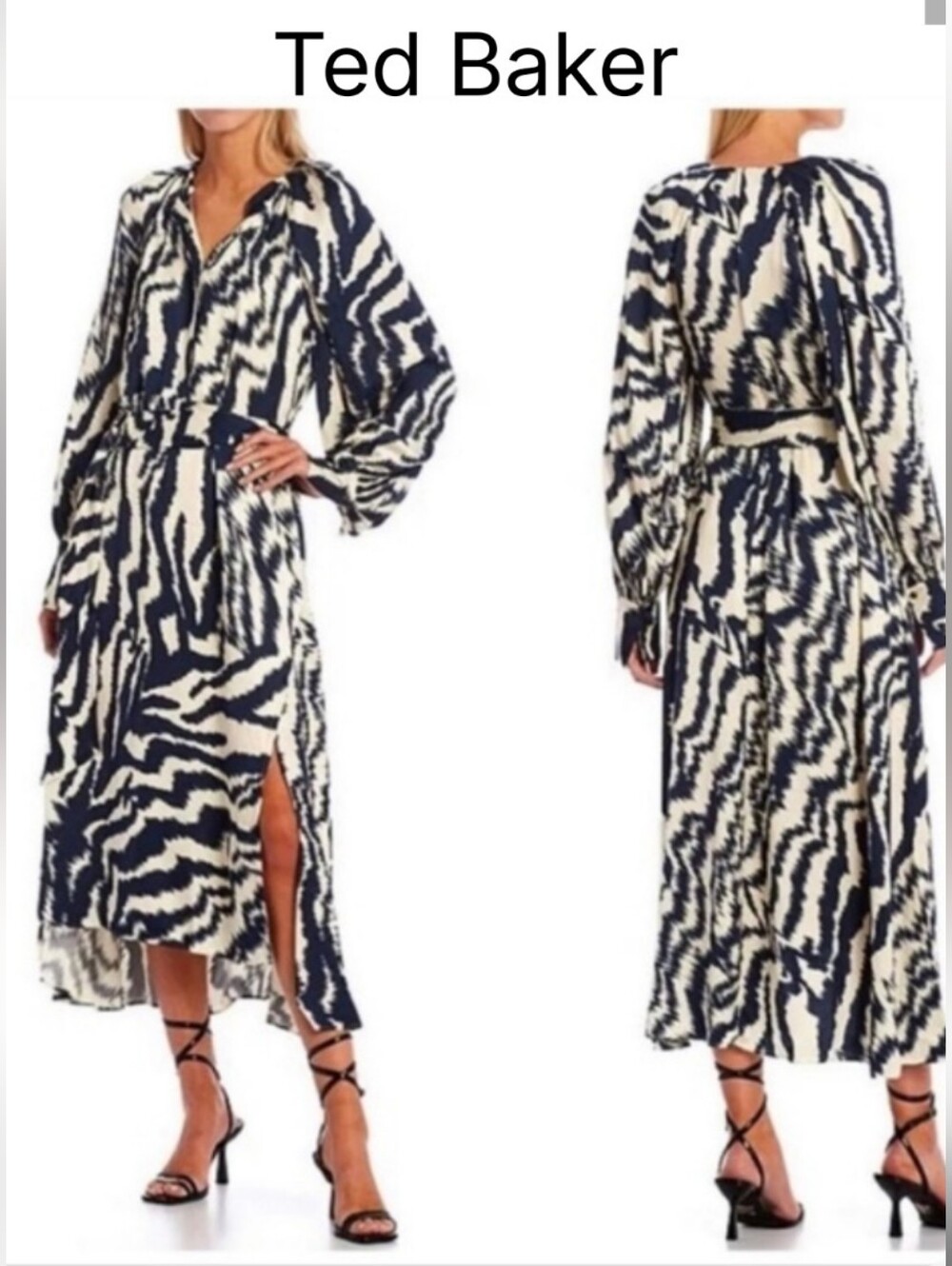 NWOT Ted Baker Navy and Cream Abstract Print Maxi Dress Sz 4 Us